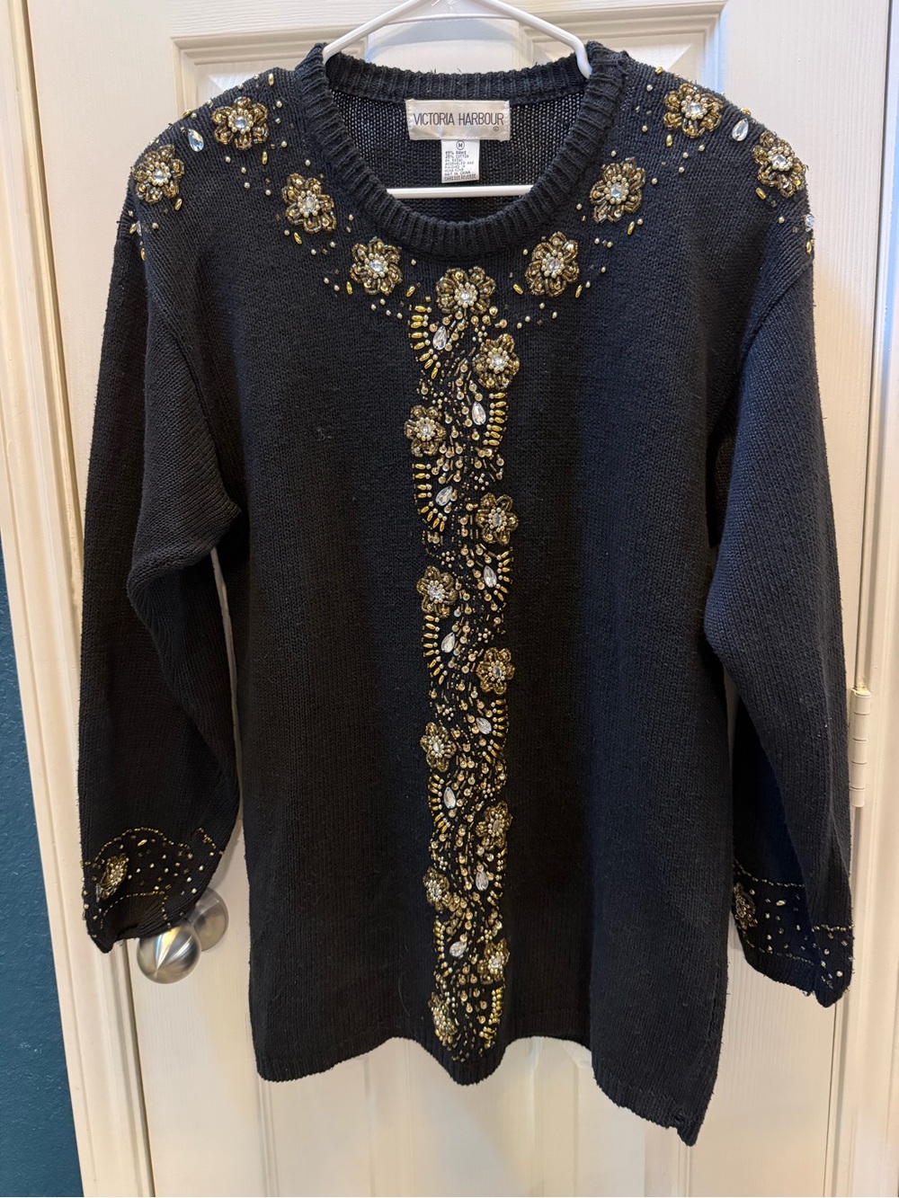 1980s Victoria Harbour Black Crewneck Sweater w Heavy Gold Beaded Embellishment